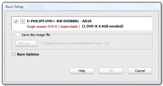 Burn Setup dialog box
